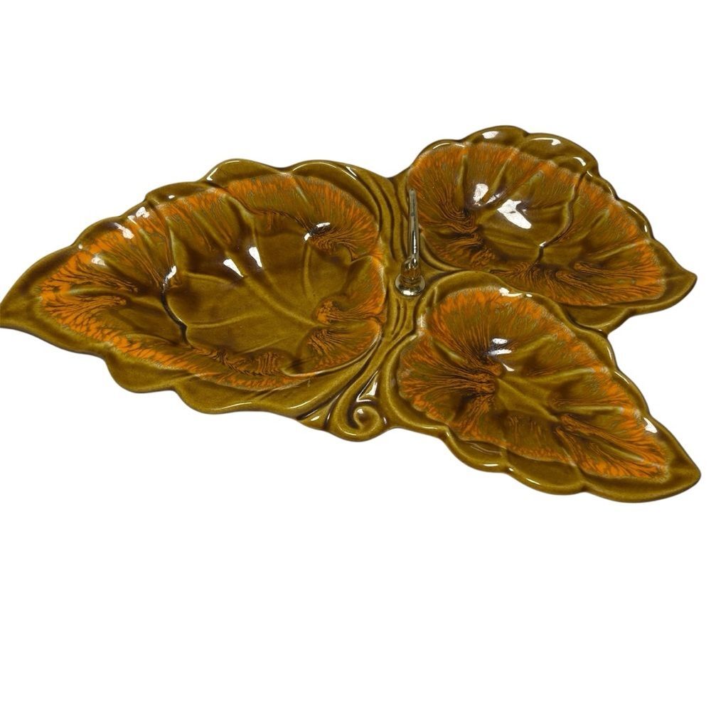 Vintage MCM Santa Anita Ware R-27 Three Leaf Glossy Glazed Art Pottery Dish